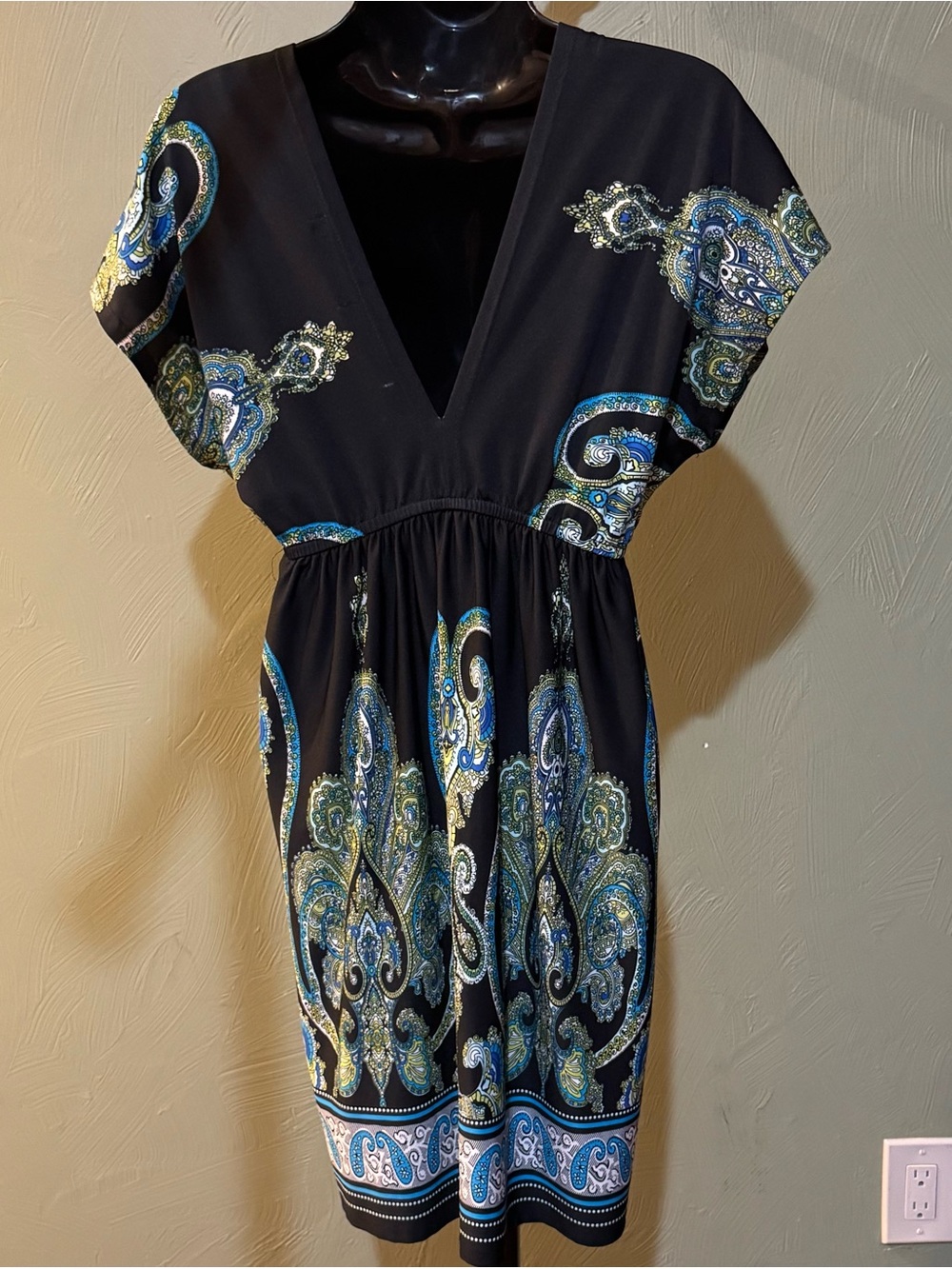 Bailey Blue Paisley V-Neck Dress Empire Waist Women's Size M Black Blue Green - Picture 5 of 13